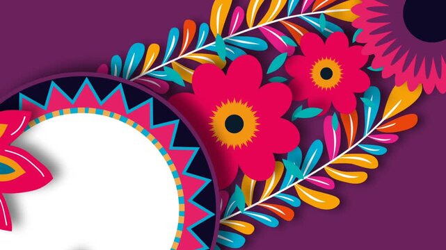Vibrant Hispanic Heritage Month Background with Colorful Mexican Floral Patterns and Copy Space.