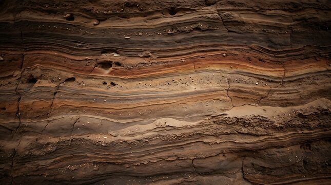 Natural geological rock strata showing detailed layered patterns and earthy textures in a cliff face background