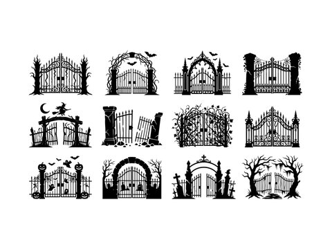 Spooky gate silhouettes, halloween elements for haunted graveyard scenes.