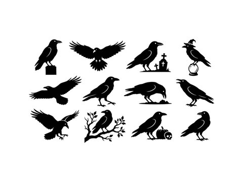 Spooky halloween raven and crow silhouette set with cemetery items and pumpkin elements.