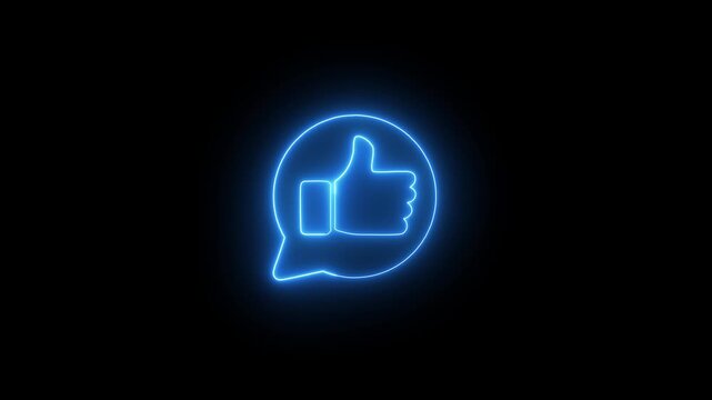 A glowing blue neon outline of a thumbs-up gesture inside a speech bubble, set against a solid black background. The design uses a futuristic, electric aesthetic to symbolize social media reactions,