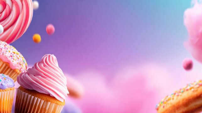 A vibrant display of colorful cupcakes against a dreamy gradient background filled with sweets