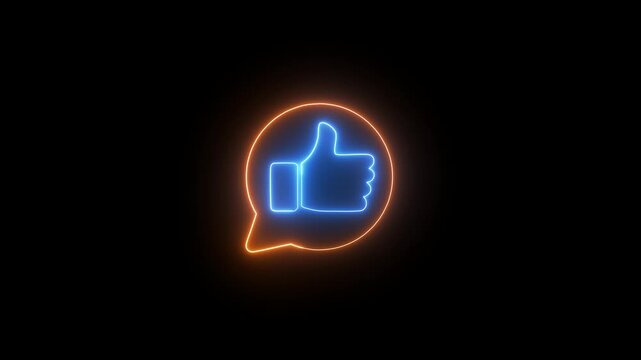 A glowing blue neon outline of a thumbs-up gesture inside a speech bubble, set against a solid black background. The design uses a futuristic, electric aesthetic to symbolize social media reactions,