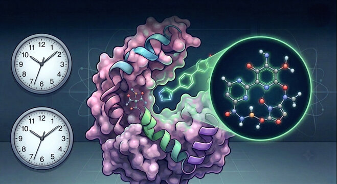 molecular interaction of enzyme active site with ligand structure and clock visualization.Detailed illustration of a protein enzyme structure with an active site binding a chemical ligand.