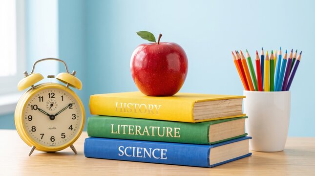 Stack of science, literature and history textbook with red apple on top beside alarm clock and cup with color pencil on desk. Back to school education concept for knowledge and learning