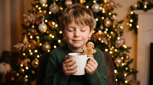 Boy holding gingerbread man cookie and warm mug with eyes closed in front of illuminated Christmas tree