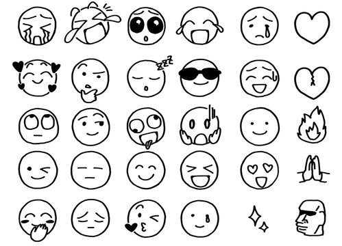 Hand drawn doodle emoji set with various face expressions and emotions