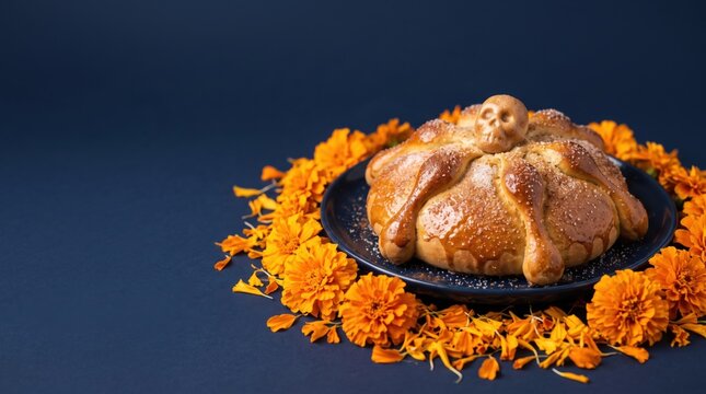 Traditional pan de muerto bread with sugar skull decoration on plate surrounded by marigold flower. Dia de los muertos celebration and Mexican heritage tradition concept