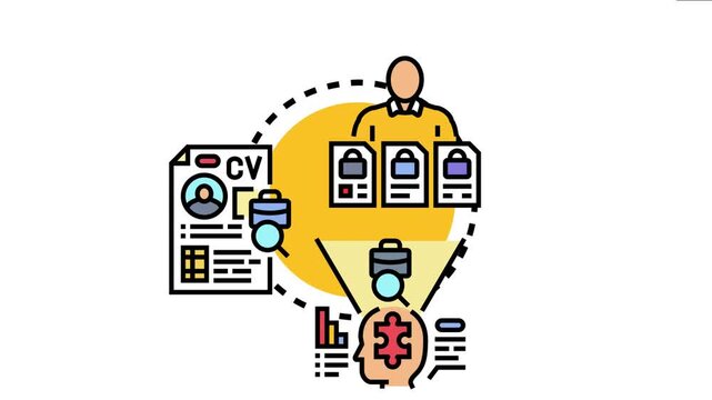 Candidate hiring shortlist concept showing a human resources specialist evaluating cvs, assessing skills, and selecting the most suitable applicants for a vacant business position