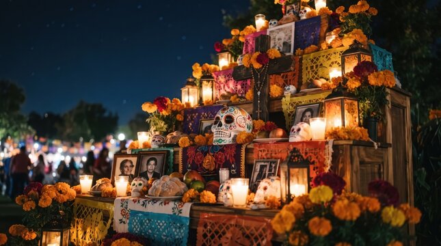Traditional dia de los muertos ofrenda altar decorated with marigold flower, candle, sugar skull and framed photo at night. Mexican day of the dead celebration and remembrance ritual concept