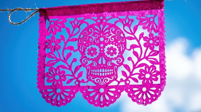 Pink papel picado banner with sugar skull cutout hanging against blue sky. Traditional mexican decoration for Dia de los muertos