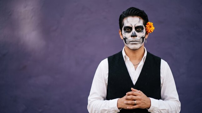 Man with skull face paint and marigold flower celebrating Dia de los muertos. Traditional Mexican Day of the dead costume portrait with copy space for cultural holiday concept