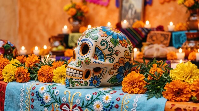 Colorful painted sugar skull on decorated ofrenda altar with marigold flower and candle. Traditional Dia de los Muertos celebration and Mexican Day of the dead cultural holiday concept for remembrance