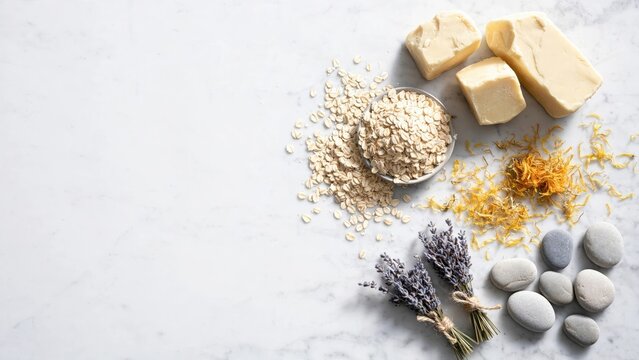 Natural Spa Ingredients: Lavender, Salts, and Herbs on Marble