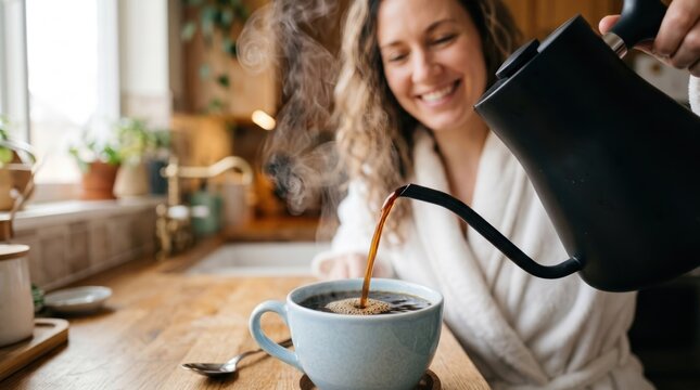 Woman pouring hot water from kettle into coffee mug on wooden counter, morning routine