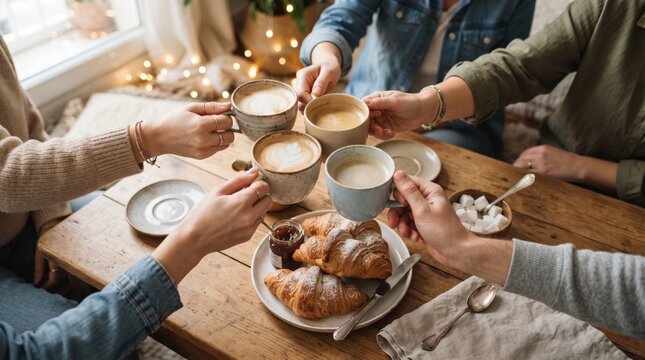 Friends clinking coffee cups over wooden table with pastries, coffee break, cozy lifestyle, social gathering.