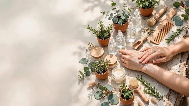 Organic Skincare Beauty Products Arrangement on Rustic Wood