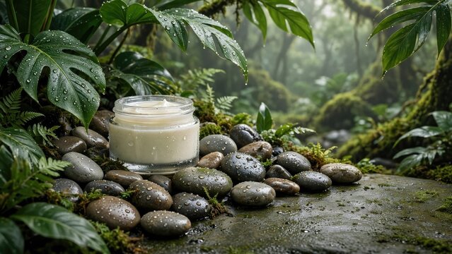 Organic Skincare Product Bowl on Mossy Forest Rocks