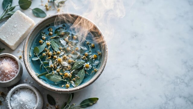 Rustic Flat Lay of Natural Spa Elements, Herbs, and Soap