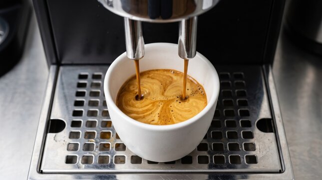 Espresso coffee machine pouring fresh hot coffee into white ceramic cup, coffee making