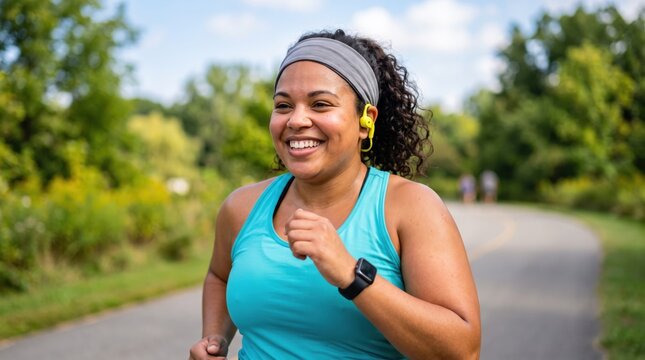 Smiling plus size woman jogging in park on summer day, healthy lifestyle, body positivity, outdoor fitness.