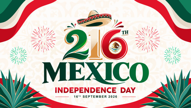 Mexico Independence Day September 16 vector background featuring 216th anniversary numbers, national flag frame, sombrero, agave leaves, and fireworks display.