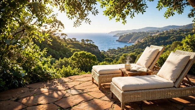 Tropical Lounge Chairs with Ocean View on Patio
