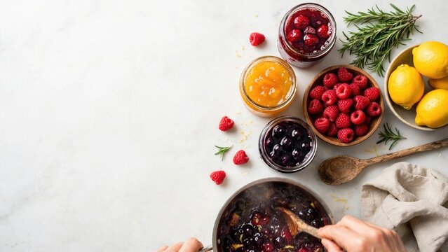 Vibrant flat lay of fresh mixed berries and golden honey