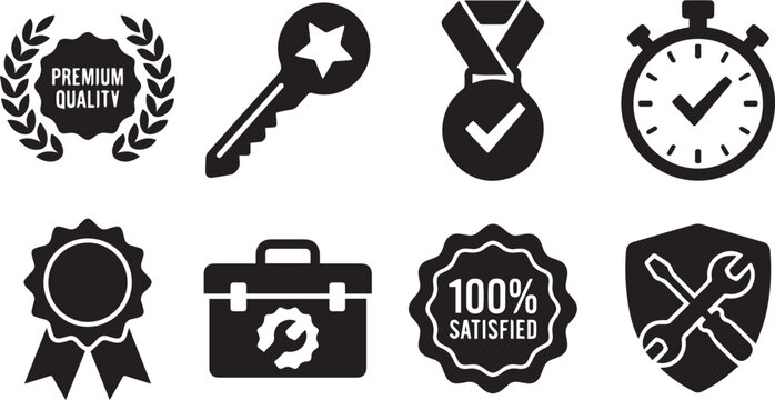Quality Guarantee and Service Icon Set with Premium Laurel Wreath, Star Key, Award Ribbon, Stopwatch, Toolbox, and Maintenance Shield Vector Silhouettes