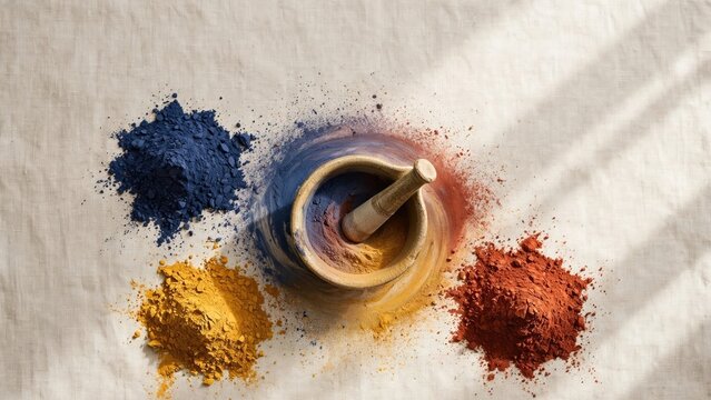 Vibrant Colored Spices and Pigments with Mortar and Pestle