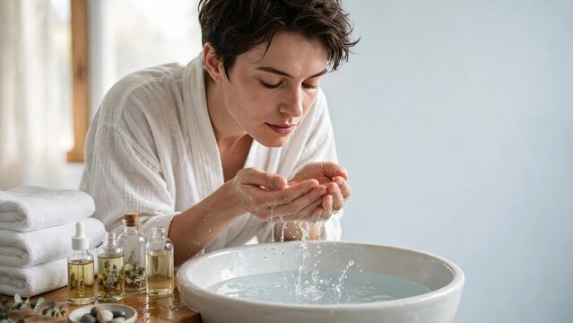 Young Woman Washing Hands with Soap and Water