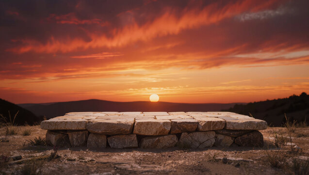 Stone Pedestal with Dramatic Sunset Sky Backdrop