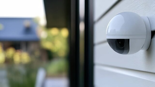 Close-up view of a white door security camera with a dark exterior background.
