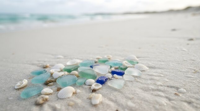 Colorful Sea Glass Collection on Sandy Beach Shoreline
