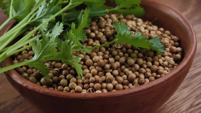 Coriander seeds and fresh leaves in a bowl