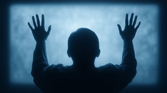 Silhouette of man pressing hands against window. Backlit male figure reaching palms to glass with foggy background, isolation or confinement concept.