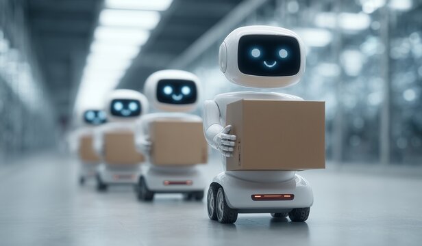 Robots with face screens on wheels transport boxes around an industrial building, a bright factory hangar, and high-tech equipment.