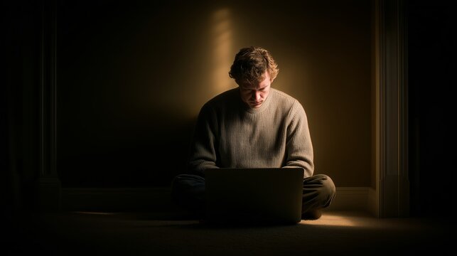 Man sitting with laptop in dark room. Adult male in sweater working on computer on floor, dramatic low light, remote work and loneliness concept.