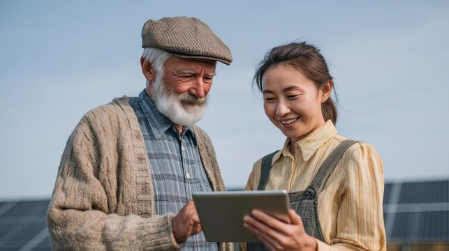 Farmers in a field with solar panels view data on a tablet. An elderly man and a young woman study information against the background of rows of solar panels, green energy and smart farming.