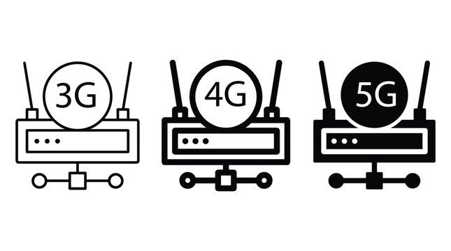 Network router icons set with 3g 4g and 5g wireless connectivity symbols for telecommunication infrastructure and high speed internet access.