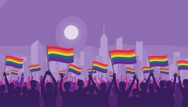 Energetic crowd celebrating with rainbow pride flags held high against a purple city skyline silhouette under a bright full moon.
