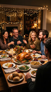 Festive gathering of people sharing a holiday meal, featuring a roasted turkey and seasonal dishes, symbolizing togetherness, gratitude, and celebration, ideal for holiday concepts.