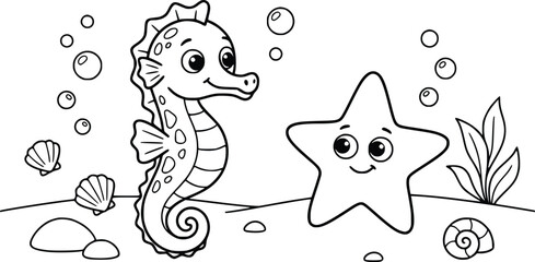 Cute seahorse and starfish coloring page, underwater cartoon sea life illustration, black and white line art for kids activity book © MdMahamudul