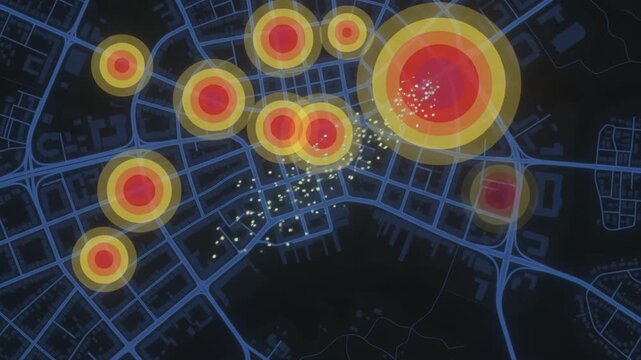 PM2.5 pollution hotspot map overlay showing hazardous air quality data on dark city street grid