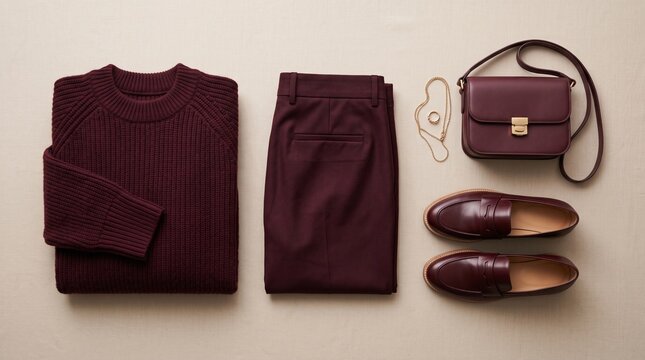 Elegant burgundy monochromatic outfit flat lay featuring sweater, pants, loafers, and crossbody bag representing minimalist capsule wardrobe fashion