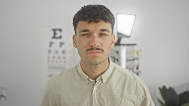 Man squinting face during optician exam beside eye chart and eyeglasses rack in studio; concentration assessment.