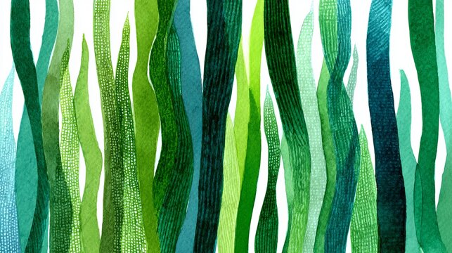 Abstract watercolor painting featuring long flowing vertical ribbons of vibrant green shades and deep teal textures on white paper background