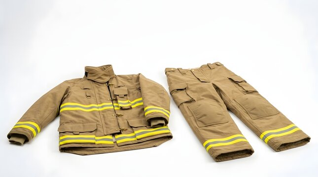 Firefighter protective uniform jacket and pants laid out on white background