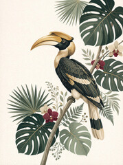 Fototapeta premium Hornbill Bird Perched on Tropical Branch Botanical Illustration Vintage Style Exotic Flora Monstera Leaves Ferns Orchids Sophisticated Rainforest Wildlife Art Decor Print Pattern Background Design