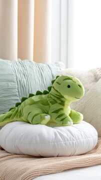 A cute green dinosaur plush toy resting on a fluffy white cushion amid soft pastel decor